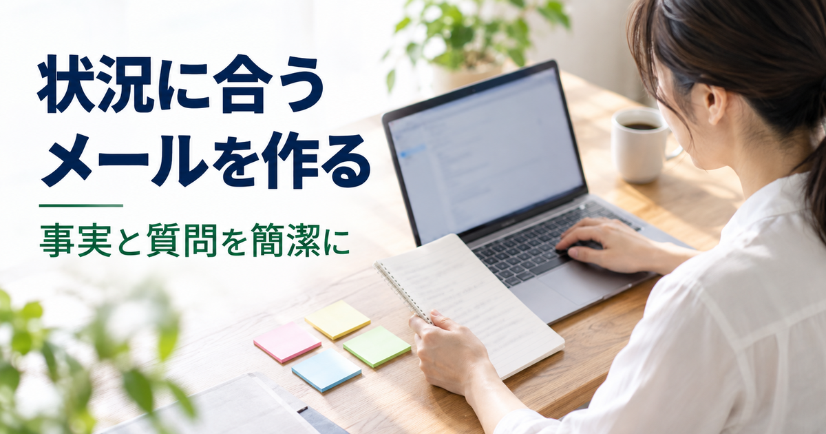 自分の状況に合う条件を選び短い確認メールを作成する様子