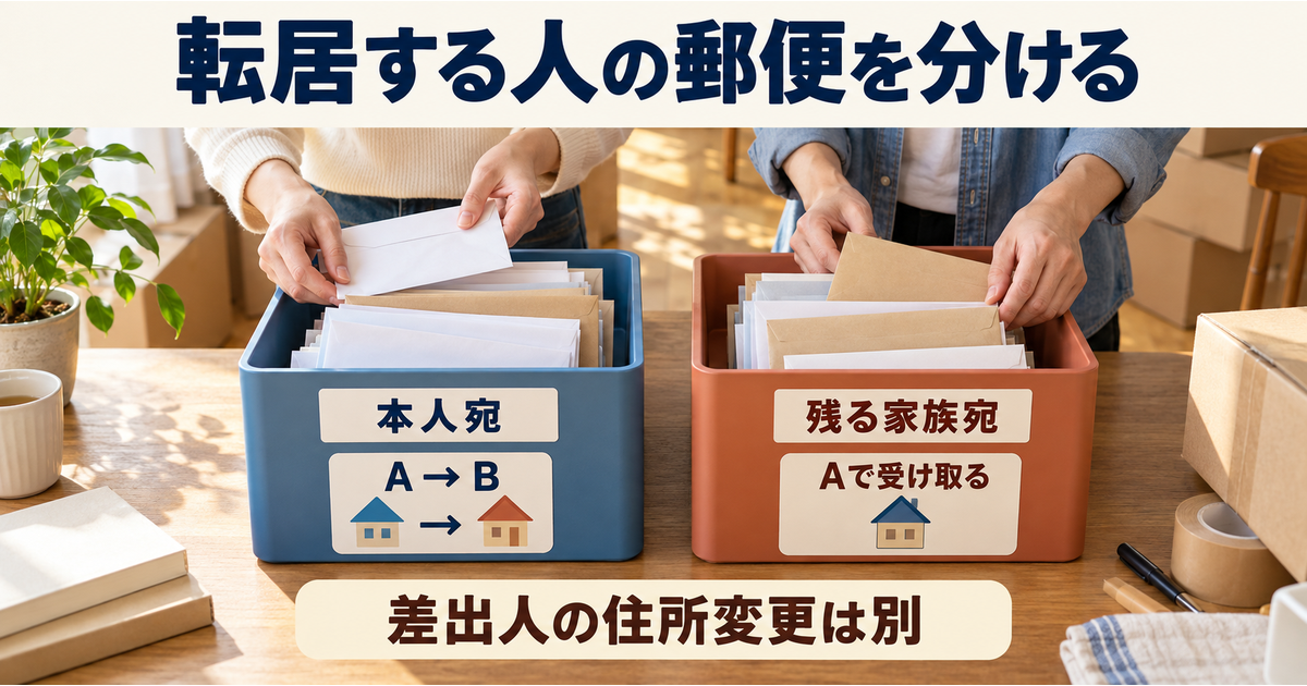 本人宛の郵便はAからBへの転送対象として整理し、旧住所に残る家族宛と差出人への住所変更を別に確認する図。