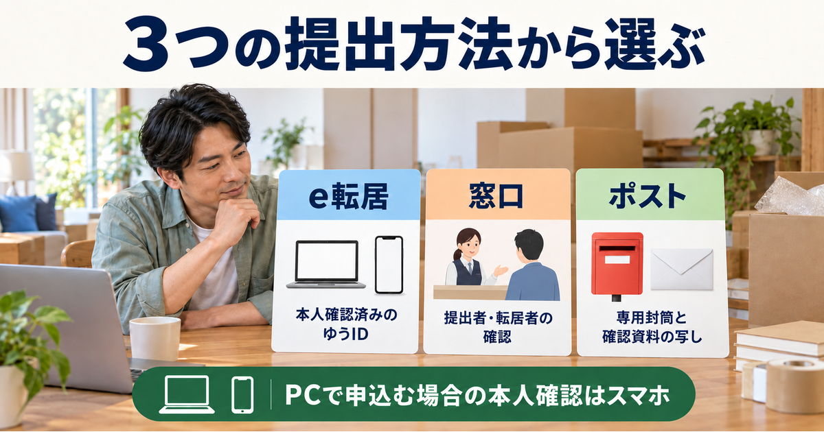 e転居、窓口、ポストの提出経路と準備を比較し、PCでの申込でも本人確認にスマートフォンを使う条件を確認する図。