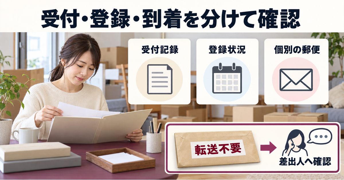 転居届の受付記録、登録状況、個別郵便の到着を分け、転送不要の一通は差出人に確認する図。