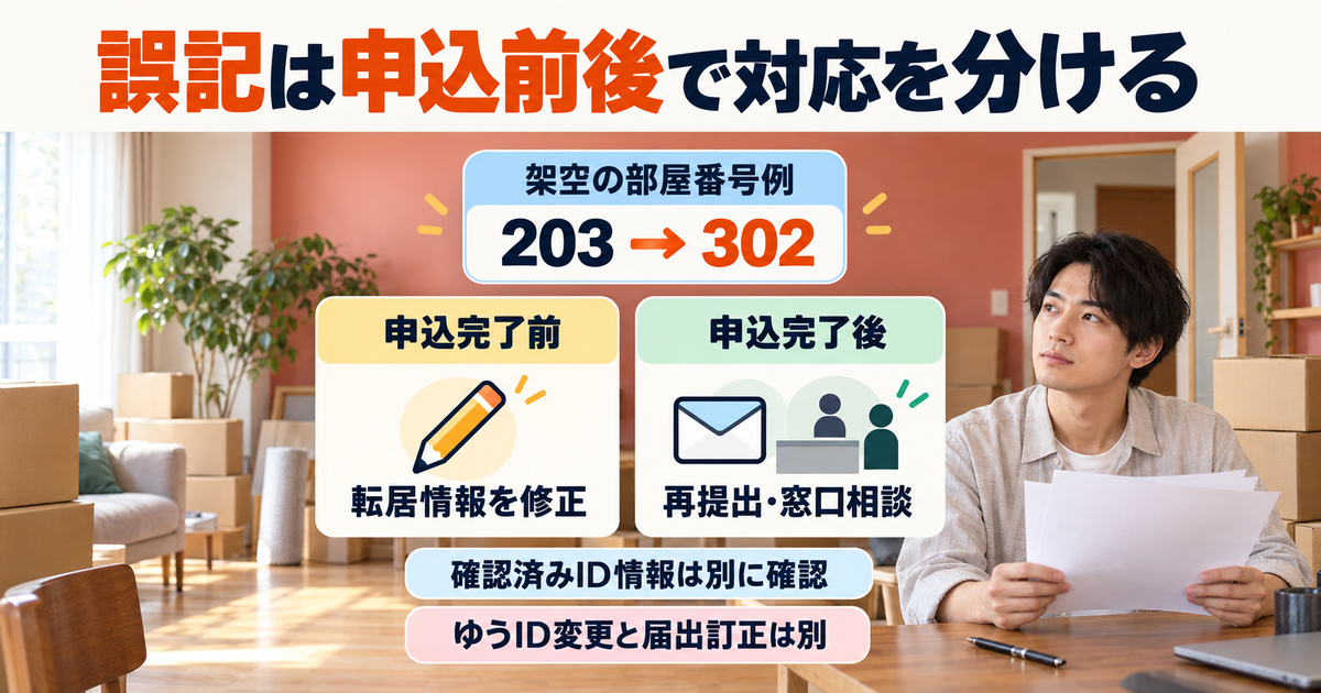 架空の部屋番号203を302へ直す例で、申込完了前の転居情報修正と完了後の再提出・窓口相談を分け、ID情報の扱いを別に確認する図。