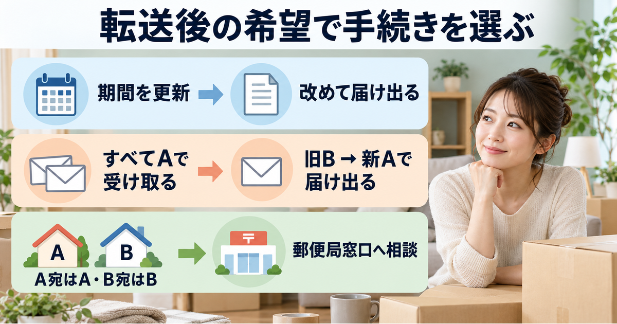 期間更新、A宛とB宛の両方をAで受け取る希望、各宛先で受け取る希望を分け、それぞれ再届や窓口相談へ対応させる図。