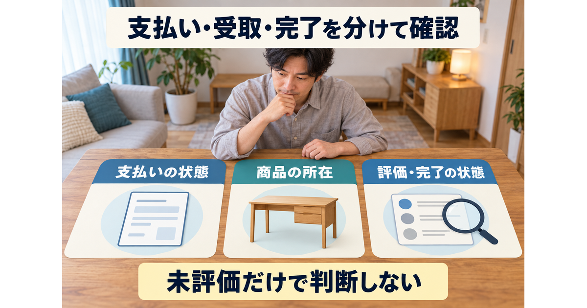 支払いの状態、商品の所在、評価と取引完了を独立した三枚の確認カードで整理する図