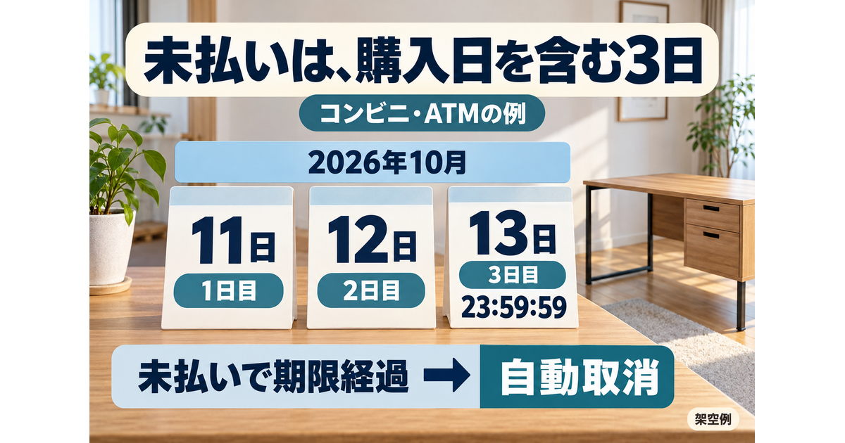 コンビニ・ATM未払いの架空例として2026年10月11日を一日目と数え、13日23時59分59秒の期限後も未払いなら自動取消となる暦