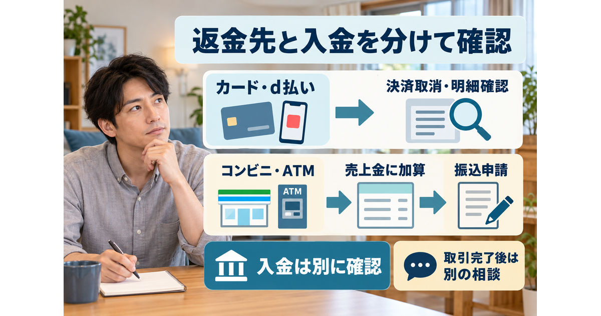 カード・d払いの決済取消と明細確認、コンビニ・ATMの売上金加算と振込申請を二つの経路に分け、入金と取引完了後の相談を別に示す図