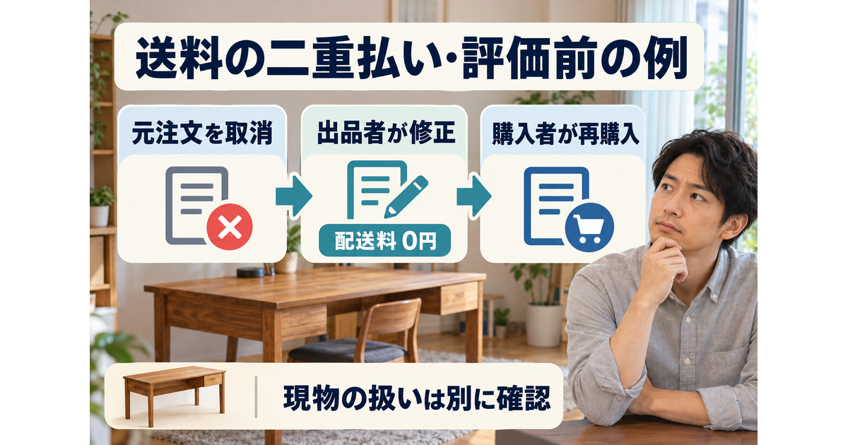 送料二重払いで評価前の例に限り、元注文取消、出品者による配送料0円への修正、購入者の再購入を分け、現物の扱いを別に確認する流れ