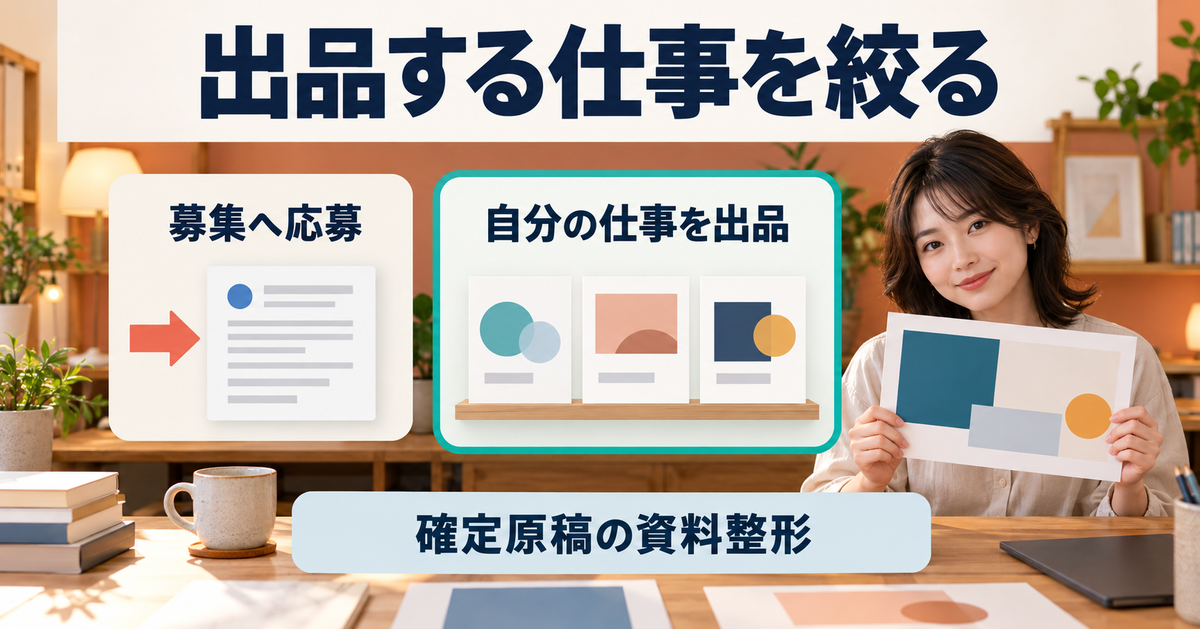 募集へ応募する流れと自分のサービスを出品する流れを分け、確定原稿の資料整形に仕事を絞る図。