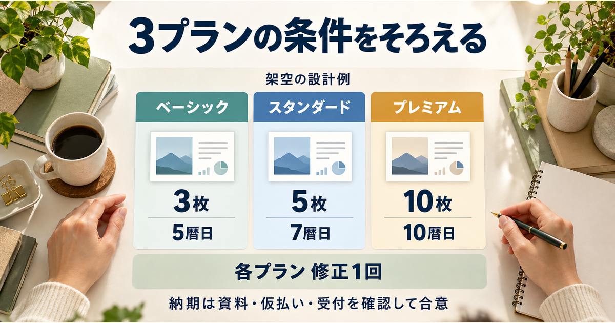 架空の資料整形サービスを3枚・5枚・10枚の3プランに分け、暦日の納期案と修正1回、納期の合意条件を確認する図。