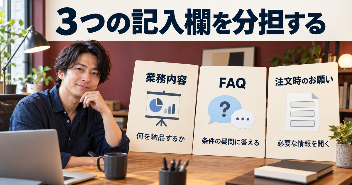 業務内容は納品するもの、FAQは条件への疑問、注文時のお願いは必要情報の確認という役割に分ける図。