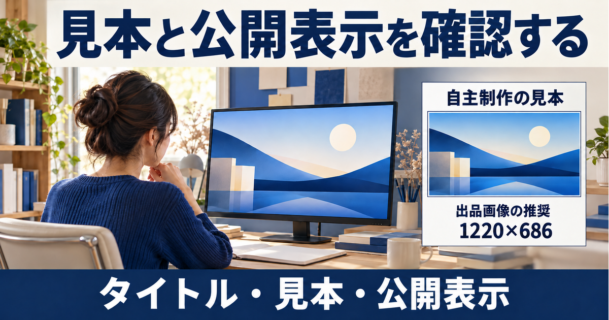 自主制作の見本、出品画像の推奨サイズ1220×686、タイトルと公開表示を確認する場面。数値は記事画像ではなく出品画像の条件。