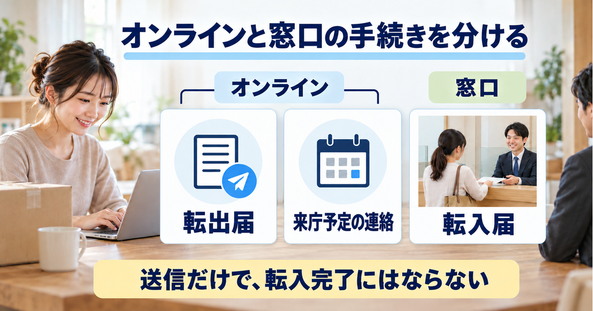 オンラインで行う転出届と来庁予定の連絡、窓口で行う転入届を別の枠で示した図