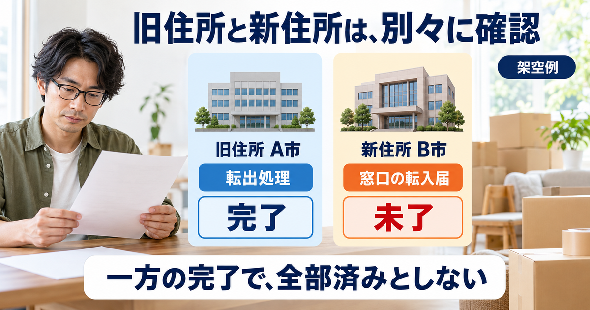 旧住所A市の転出処理完了と、新住所B市での転入届未了を別列で確認する架空例の図