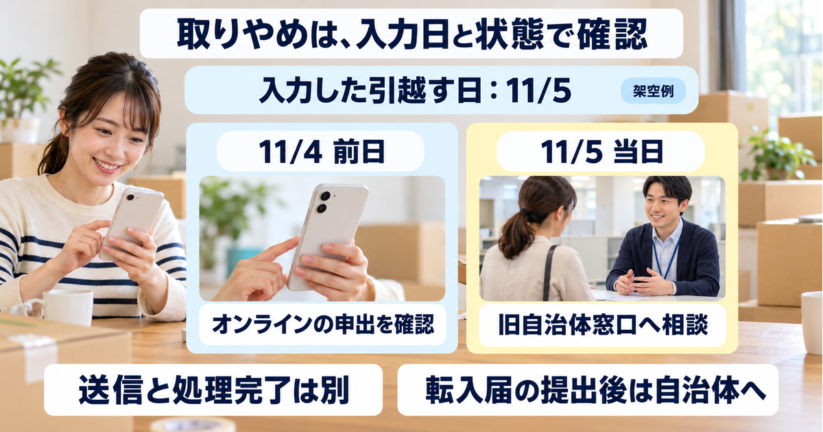 入力した引越す日が11月5日の架空例で、前日のオンライン申出確認と当日の旧自治体窓口相談を分けた図