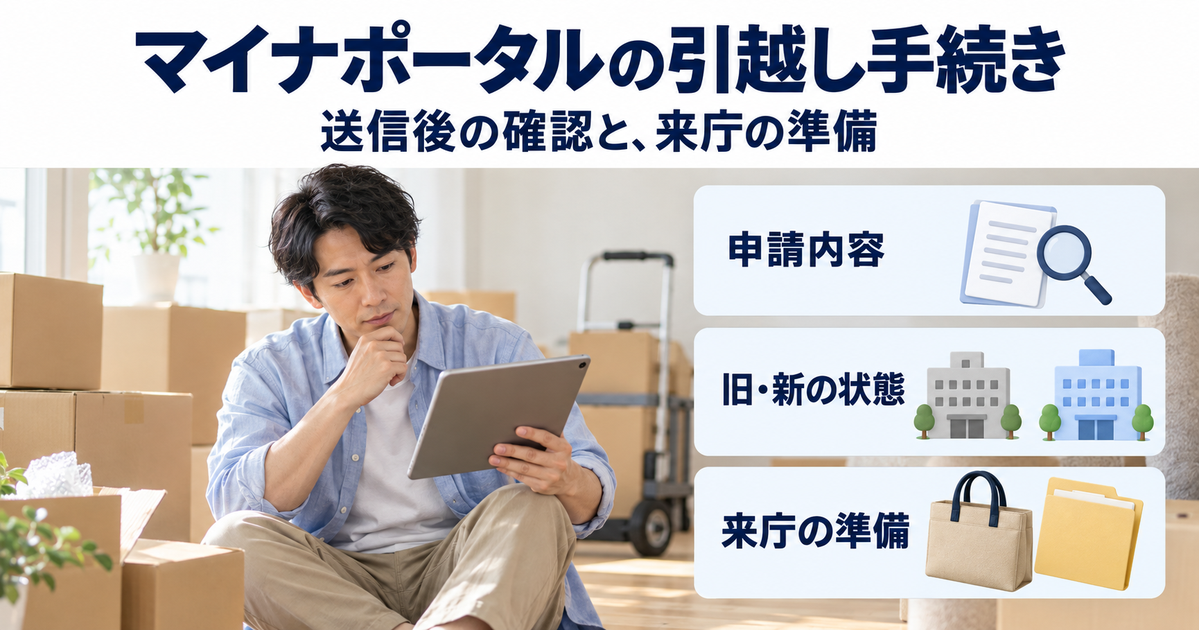 荷造り中の成人が申請内容、旧新自治体の状態、来庁準備を別のカードで確認する様子