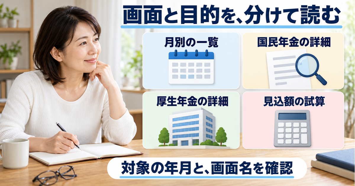 月別一覧、国民年金の詳細、厚生年金の詳細、見込額試算を四つの確認目的として分けた図