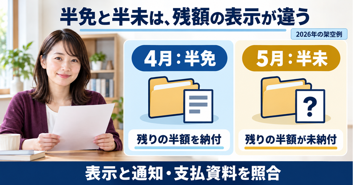 2026年4月の半免と5月の半未を別の月として示し、免除後の残額の表示と資料を照合する架空例