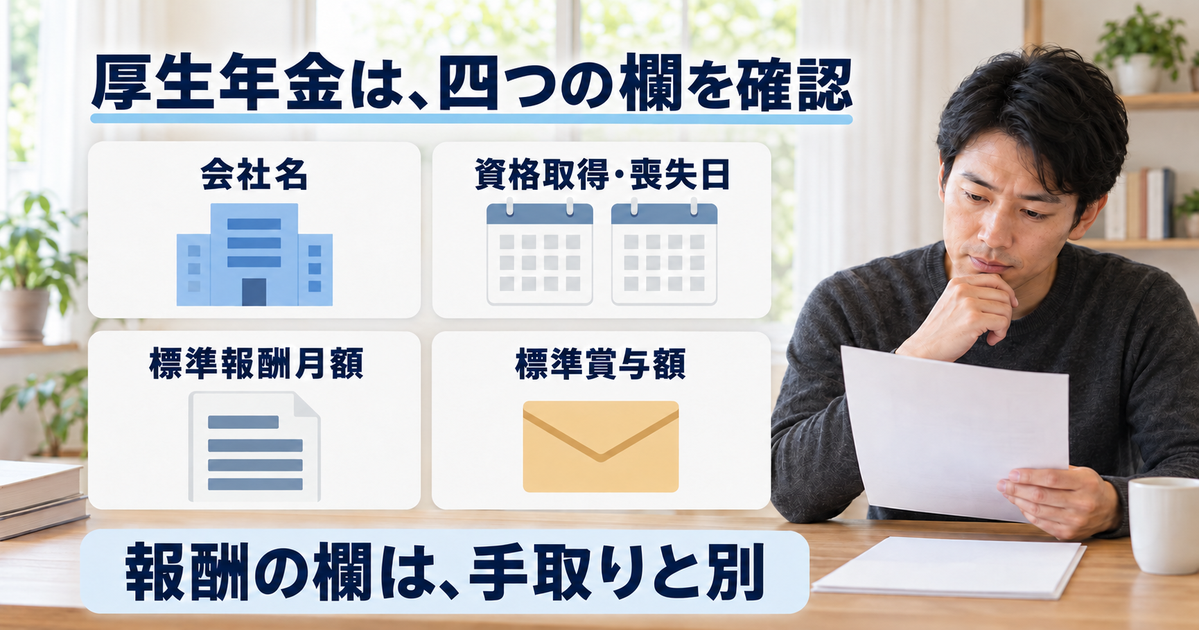 厚生年金の会社名、資格取得・喪失日、標準報酬月額、標準賞与額を別々に確認する図
