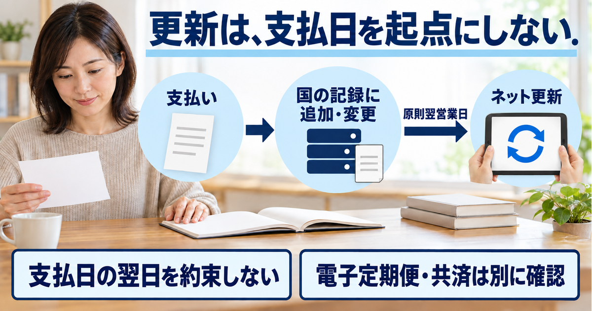 支払いと国の記録への追加・変更、ねんきんネット更新を分け、原則翌営業日の起点を国の記録の変更に置く図