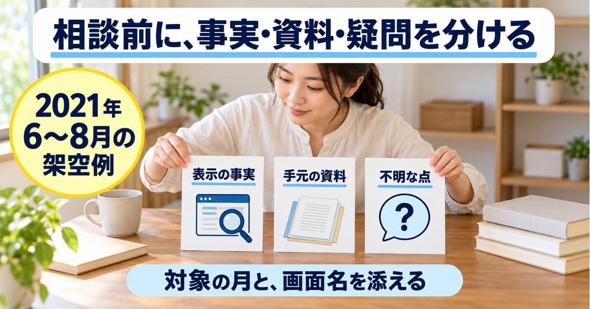 2021年6月から8月の勤務記録を例に、表示の事実、手元資料、不明点を三列へ整理する相談準備図
