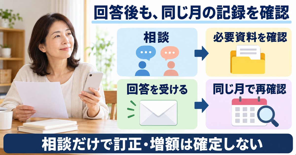 相談、必要資料の確認、回答、同じ対象月の再確認を分けて進め、訂正や増額を約束しない図
