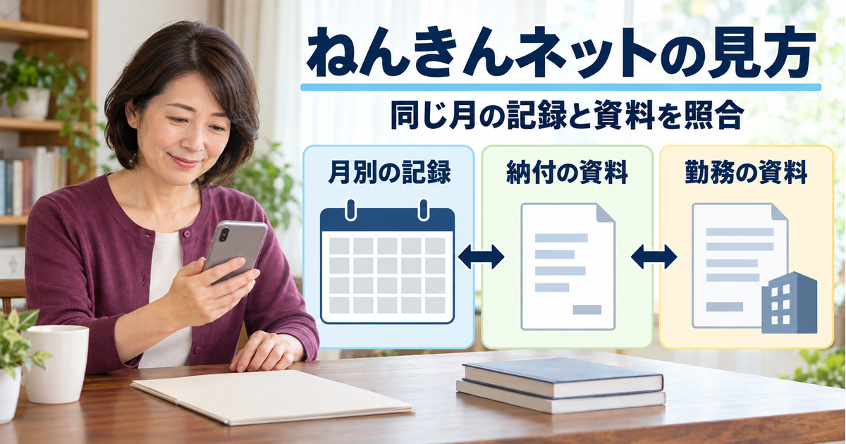 成人が年金の月別記録、納付資料、勤務資料を同じ対象月で照合する様子