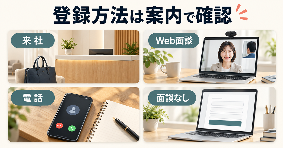来社、Web面談、電話、面談なしの四つの登録方法を並べた図