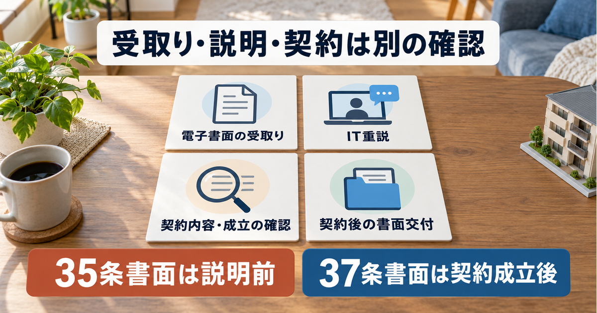 電子書面の受取り、IT重説、契約確認、契約後の交付を分け、35条書面と37条書面の受取時点の違いを示す図