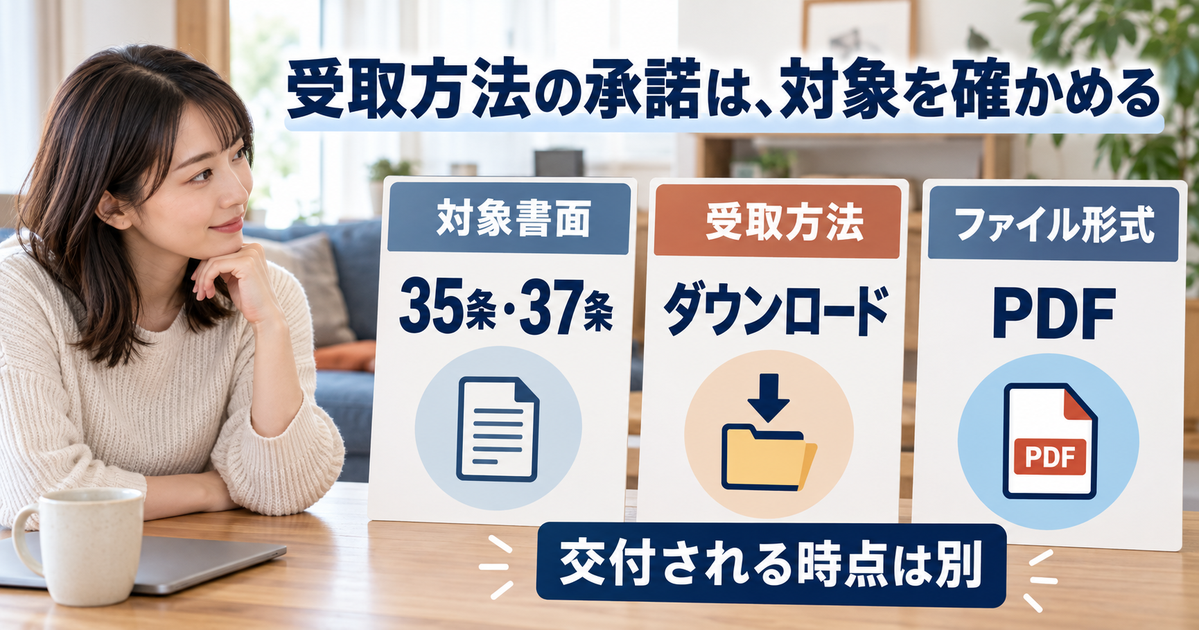 対象書面、受取方法、ファイル形式を三列で確認し、35条書面と37条書面の交付時点は別だと示す図