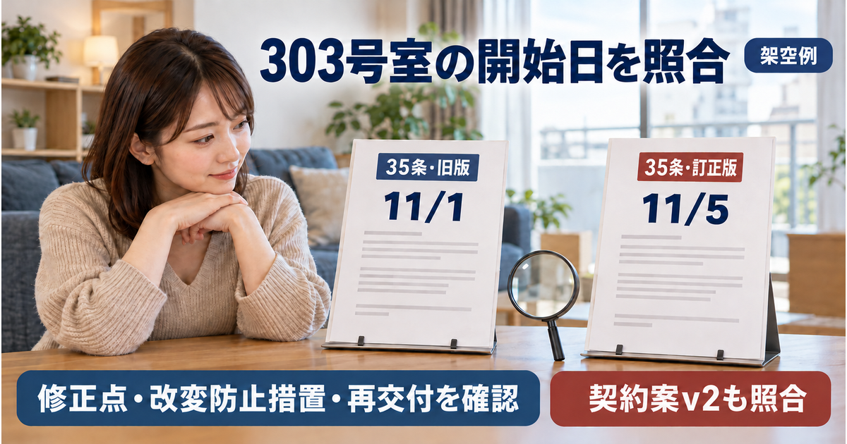303号室の架空例で、35-v1の開始日11月1日と再交付された35-v2の11月5日を比べ、修正点や改変防止措置、契約案との一致を確認する図