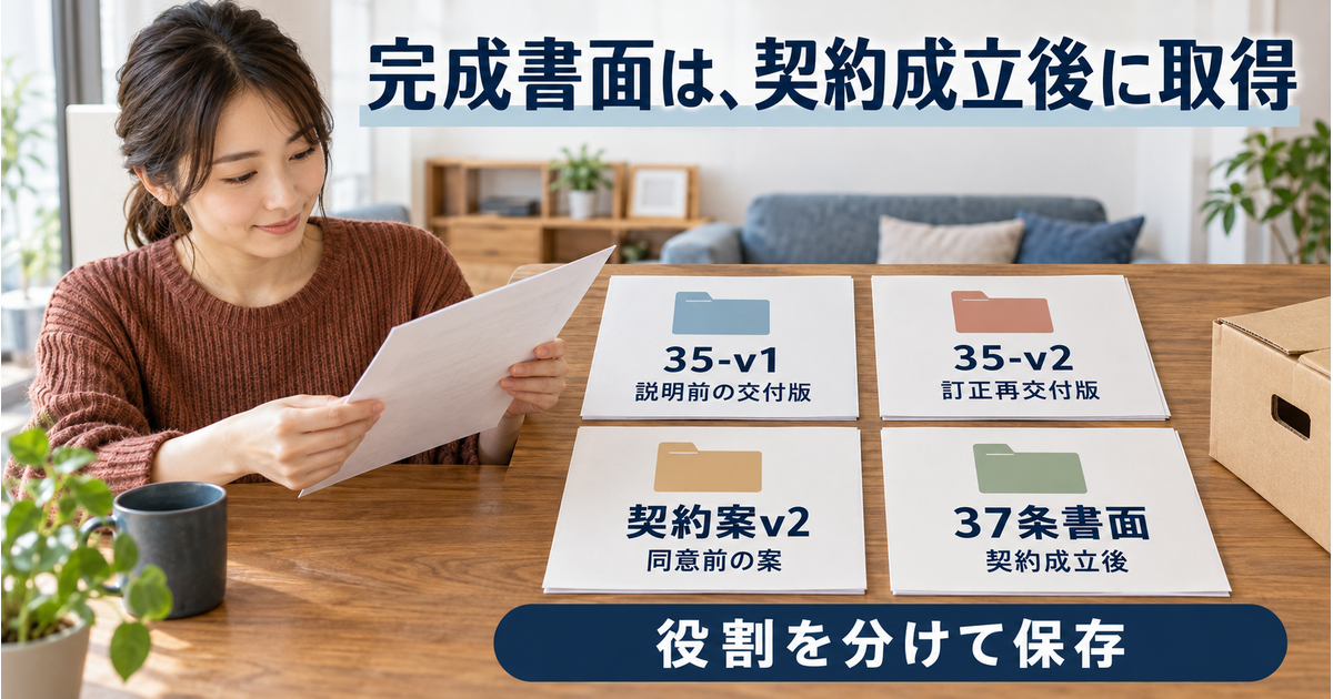 説明前の35-v1、訂正再交付された35-v2、同意前の契約案v2、契約成立後の37条書面を四つの保存先へ分けた図