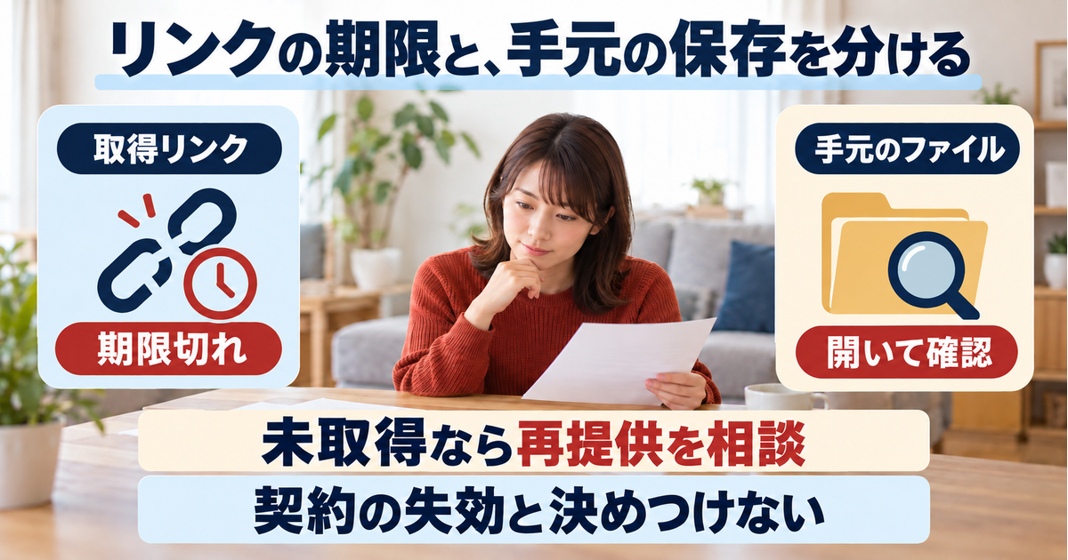 期限切れの取得リンクと手元に保存したファイルを別に示し、未取得書面の再提供を相談するための確認図