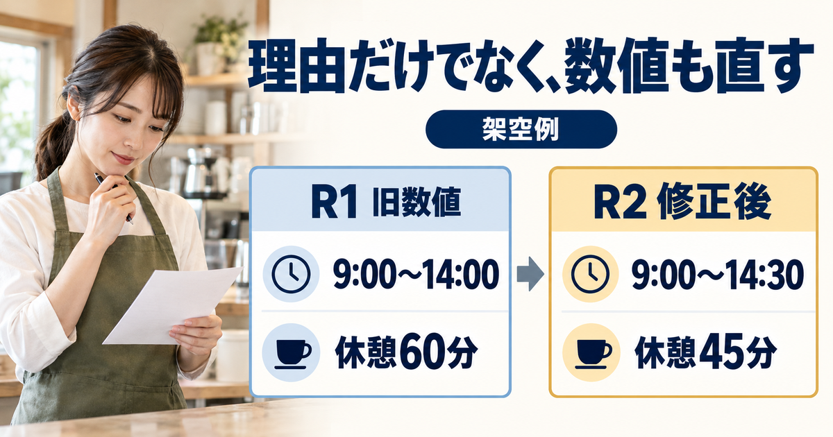 架空のR1は9時から14時・休憩60分、R2は9時から14時30分・休憩45分へ数値を直す比較図