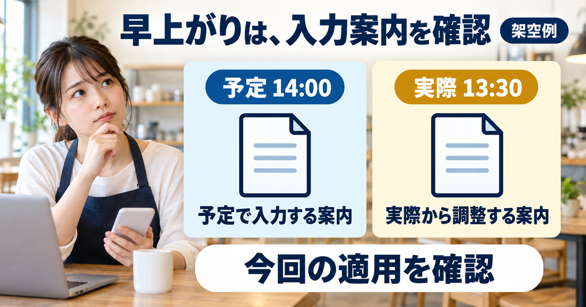 早上がりの架空例で予定14時と実際13時30分を残し、異なる入力案内の今回の適用を確認する図
