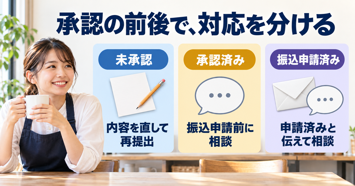 未承認は再提出、誤ったまま承認済みなら振込申請前に相談、振込申請済みならその事実を伝えて相談する図