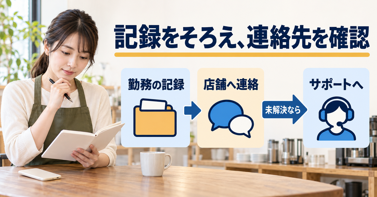 勤務記録をそろえて店舗へ連絡し、解決しない場合はサポートへ確認する流れ