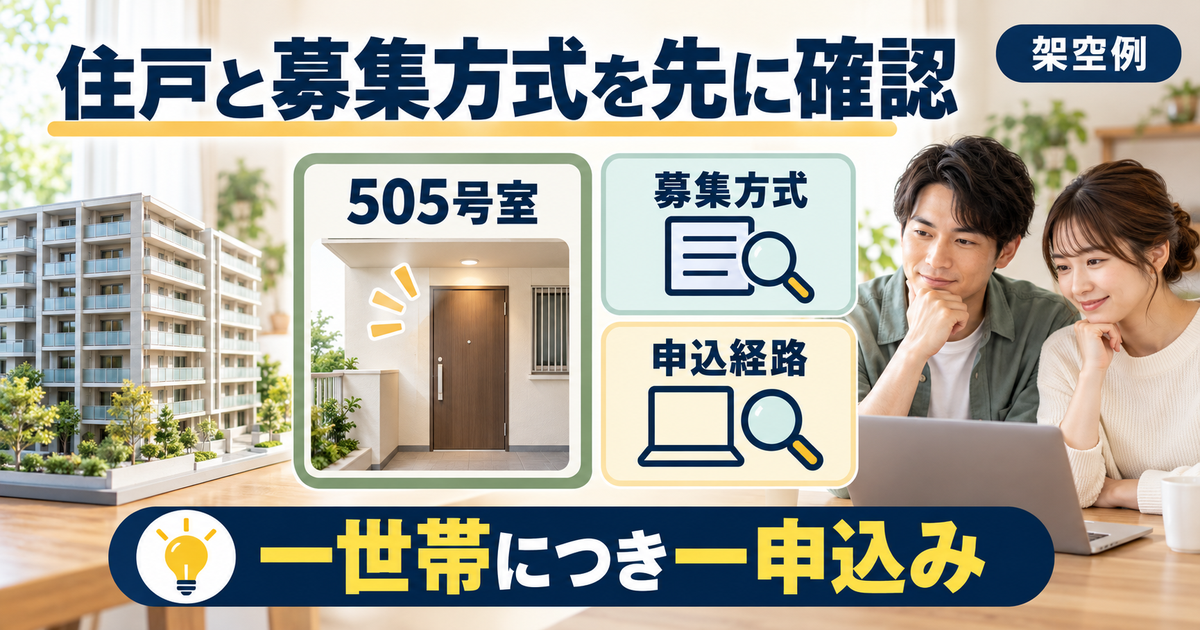 架空の505号室について募集方式と申込経路を確認し、一世帯一申込みの対象を整理する図