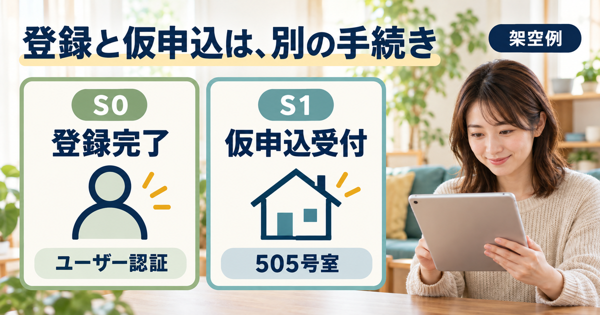 架空例のS0ユーザー登録完了とS1の505号室仮申込受付を、別の手続きとして示す図