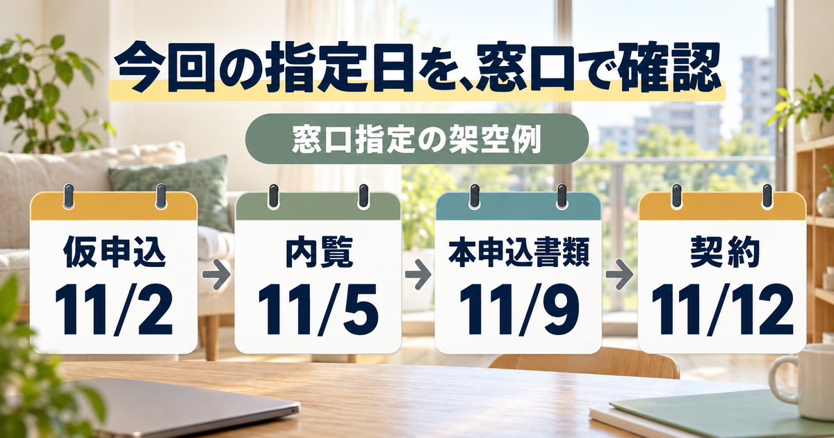 窓口指定という架空例の仮申込11月2日、内覧11月5日、本申込書類11月9日、契約11月12日を並べた図