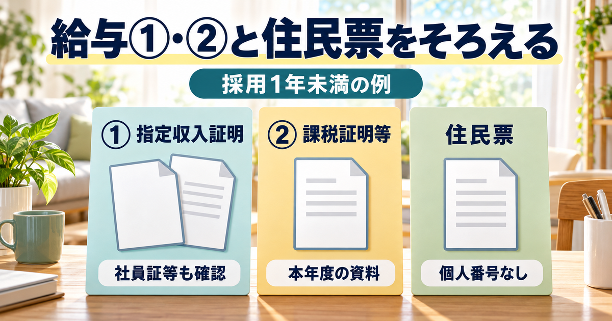 採用1年未満の給与①指定収入証明と社員証等、②本年度課税証明等、個人番号のない住民票を分けて準備する図