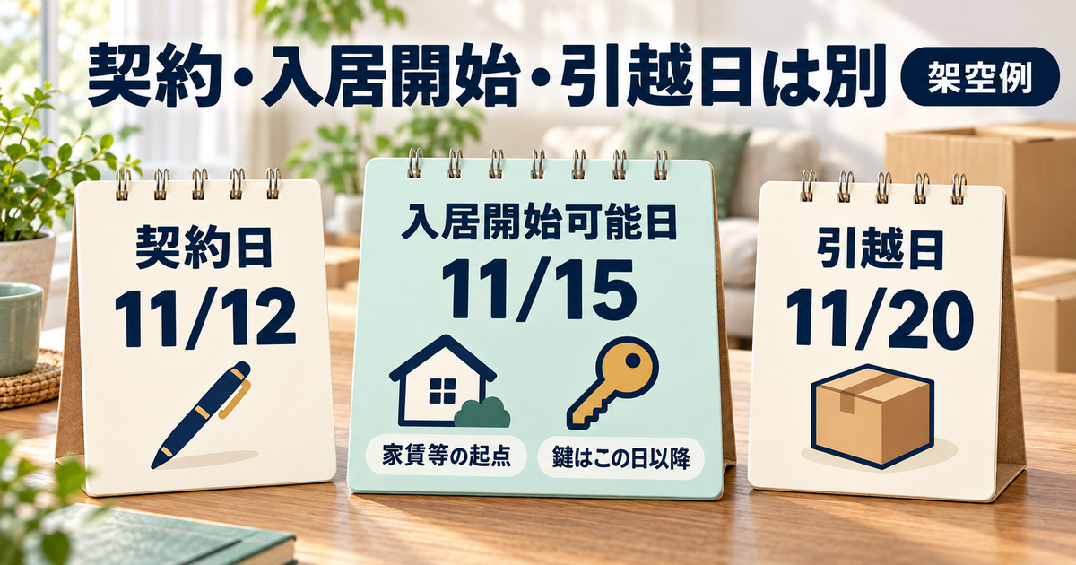 架空の契約11月12日、入居開始可能11月15日、引越11月20日を分け、家賃等と鍵の起点を入居開始可能日に結び付けた図