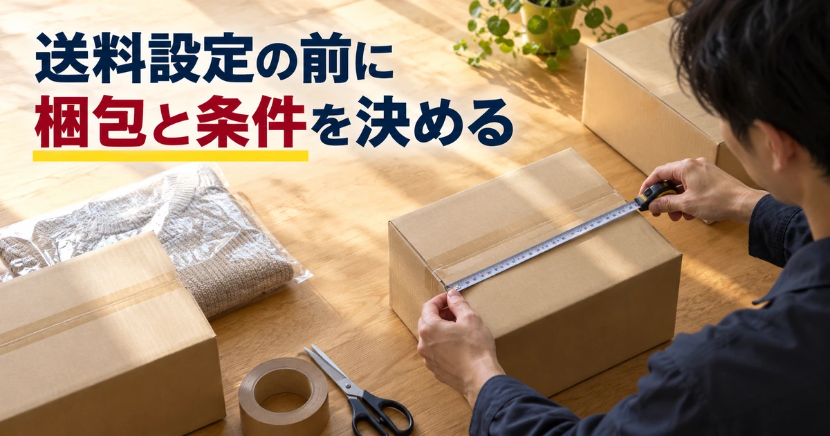 送料を設定する前に梱包済みの箱の大きさを確かめる様子