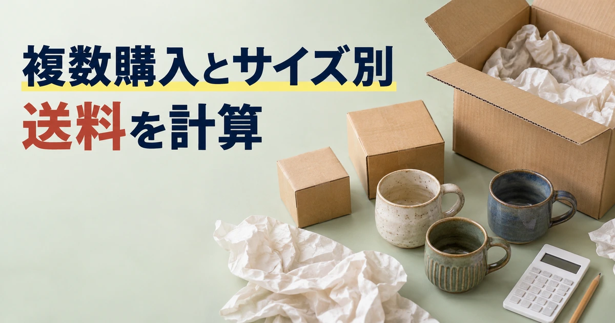複数商品の梱包サイズと送料を検討する机上