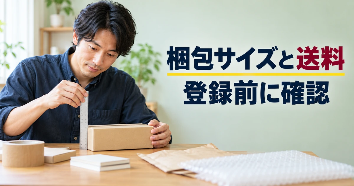 商品登録前に梱包した荷物のサイズを確認する男性