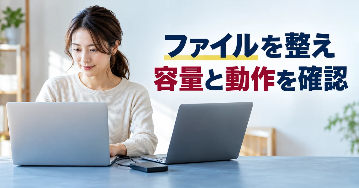 配布ファイルを複数の端末で確認する女性