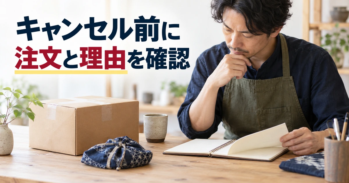 キャンセル前に注文の状態と理由を記録で確認する様子