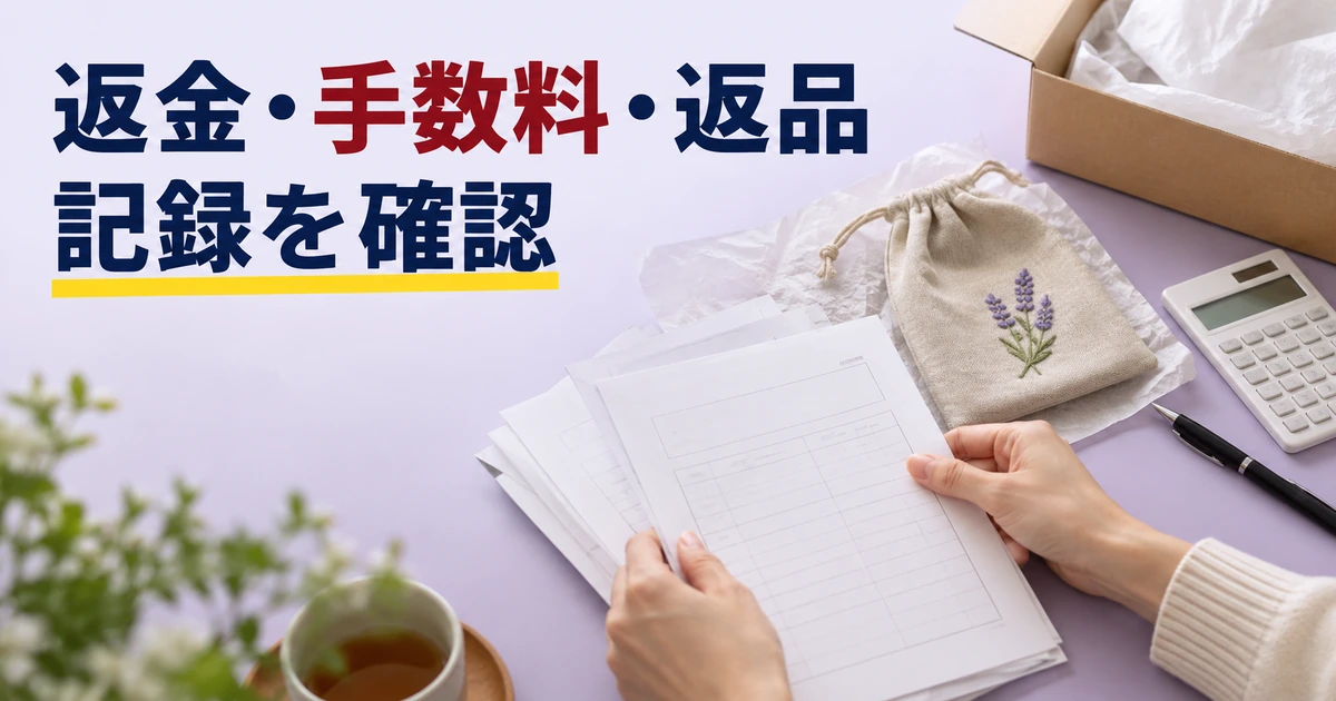 返品された作品と返金や手数料の記録を照合する机上
