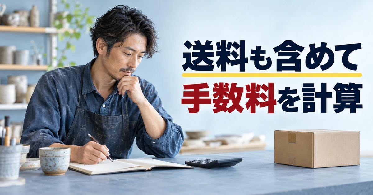 陶器と発送用の箱を前に送料を含めた手数料を計算する男性