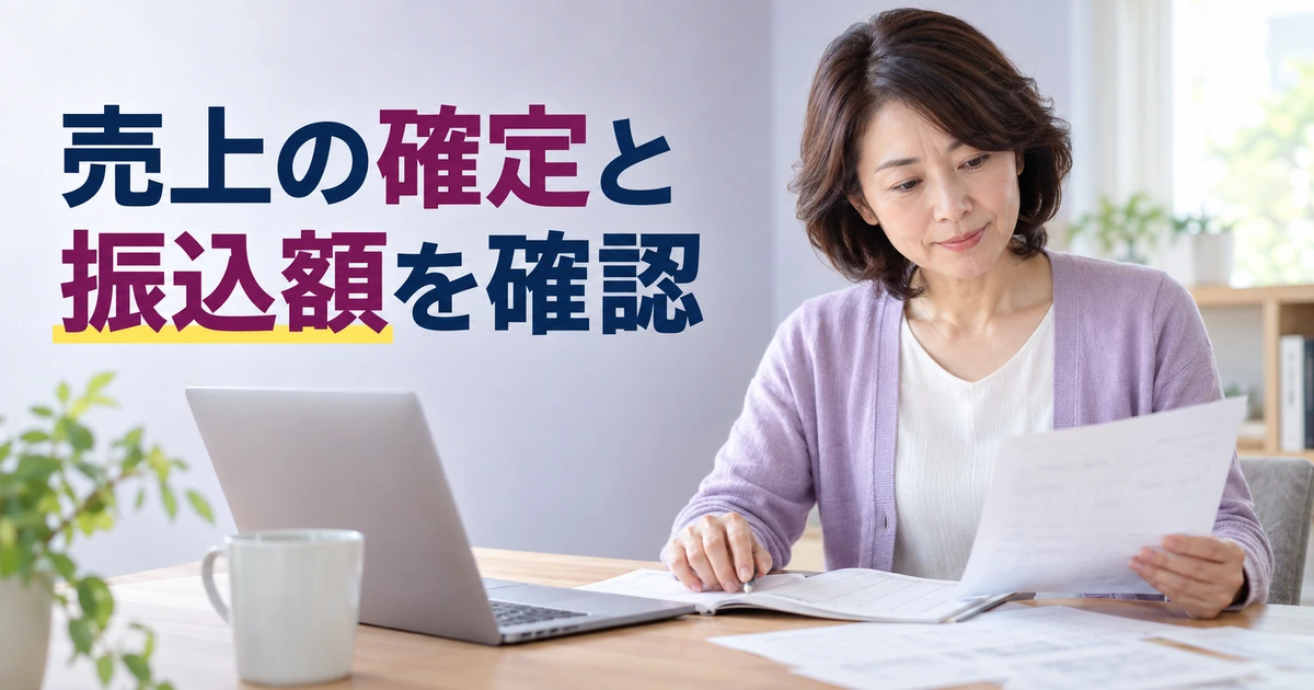 売上の記録とパソコンを照合し振込額を確認する女性