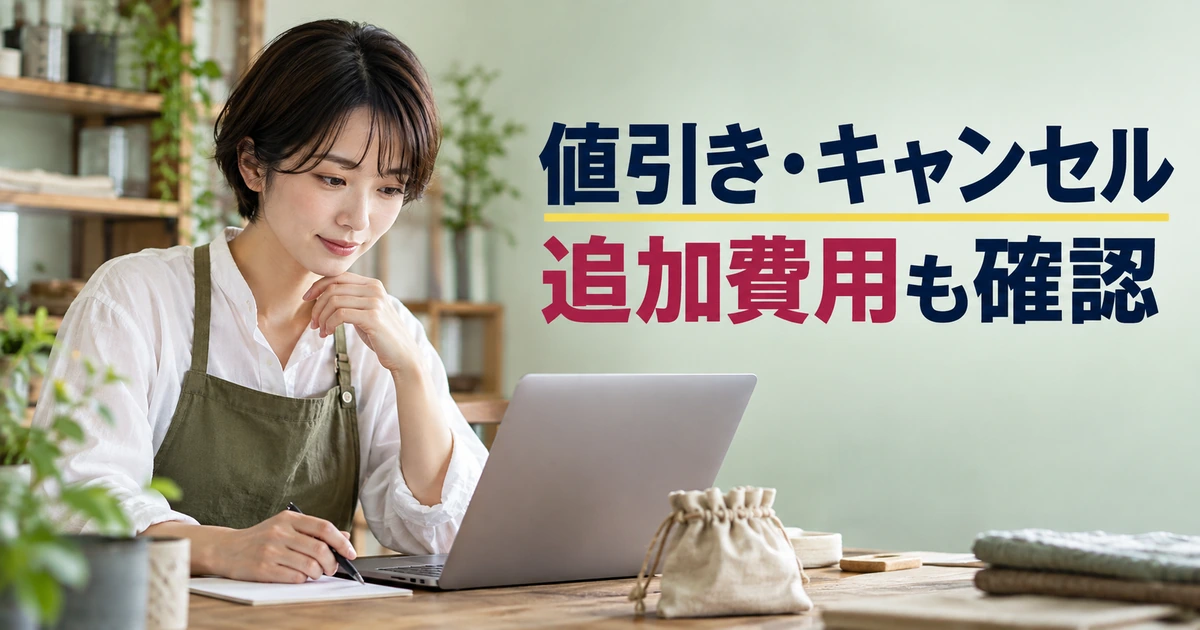 注文記録を見ながら値引きやキャンセルなどの追加費用を確認する作家
