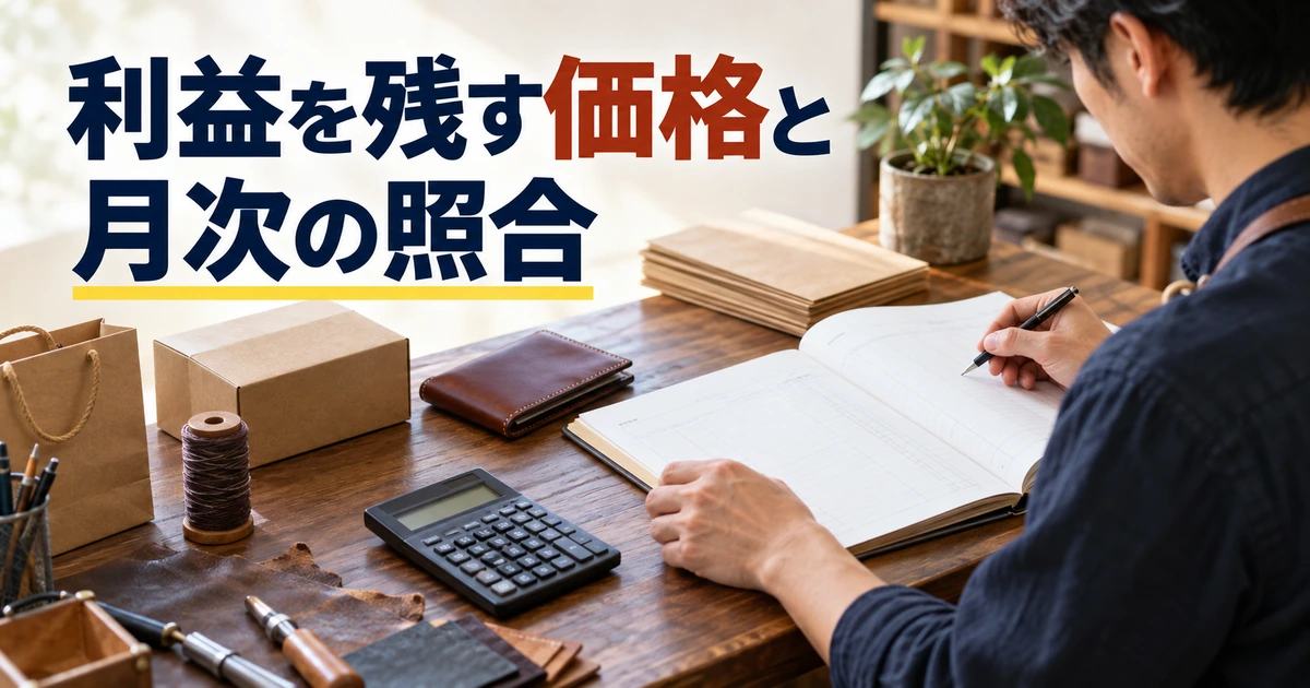 作品・材料・梱包資材と月次記録を並べて価格と利益を照合する場面